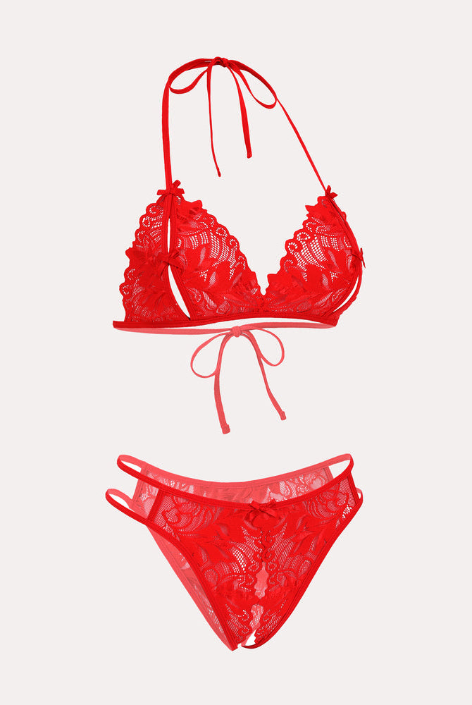 Red lace Avidlove halter bra and panty set. Halter neck and tie details. 2-piece set.