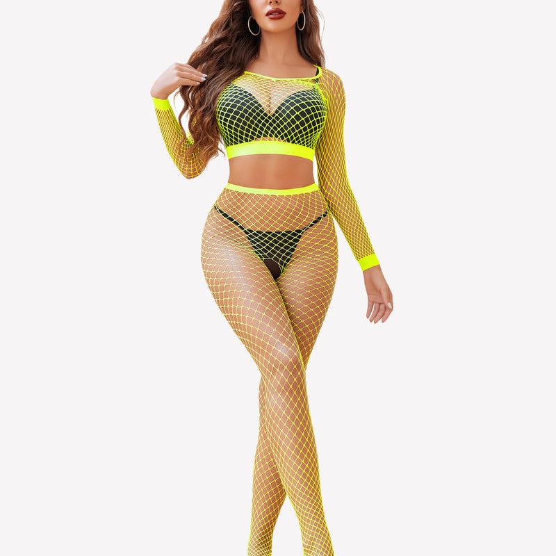 Neon yellow fishnet lingerie set, long sleeve top and pants. Sexy Avidlove outfit for women.