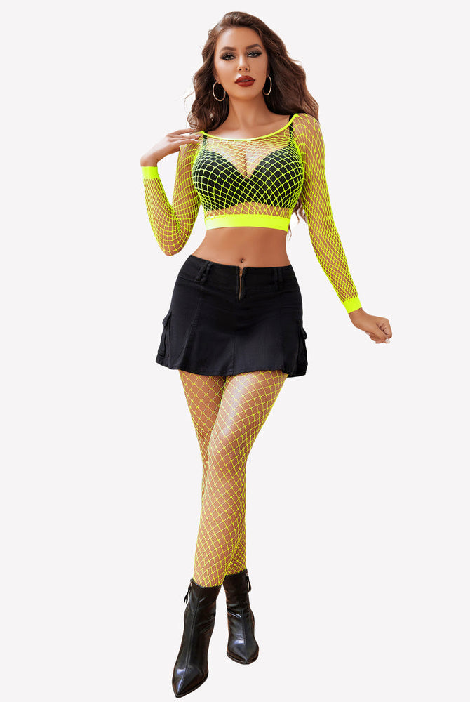 Neon yellow fishnet lingerie set, long sleeve top and skirt. Sexy Avidlove outfit for women