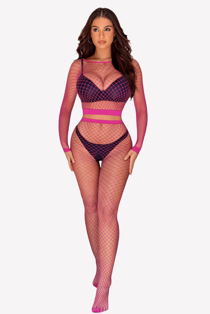 Avidlove pink fishnet lingerie set, long sleeve top and pants for women. Sexy design.