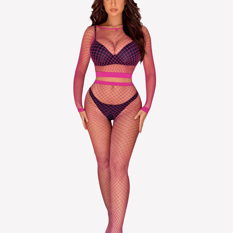 Avidlove pink fishnet lingerie set, long sleeve top and pants for women. Sexy design.