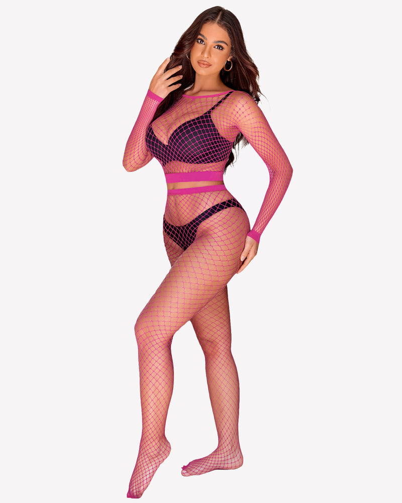 Neon pink fishnet long sleeve two piece outfit for women. Sensual lingerie. Avidlove design.