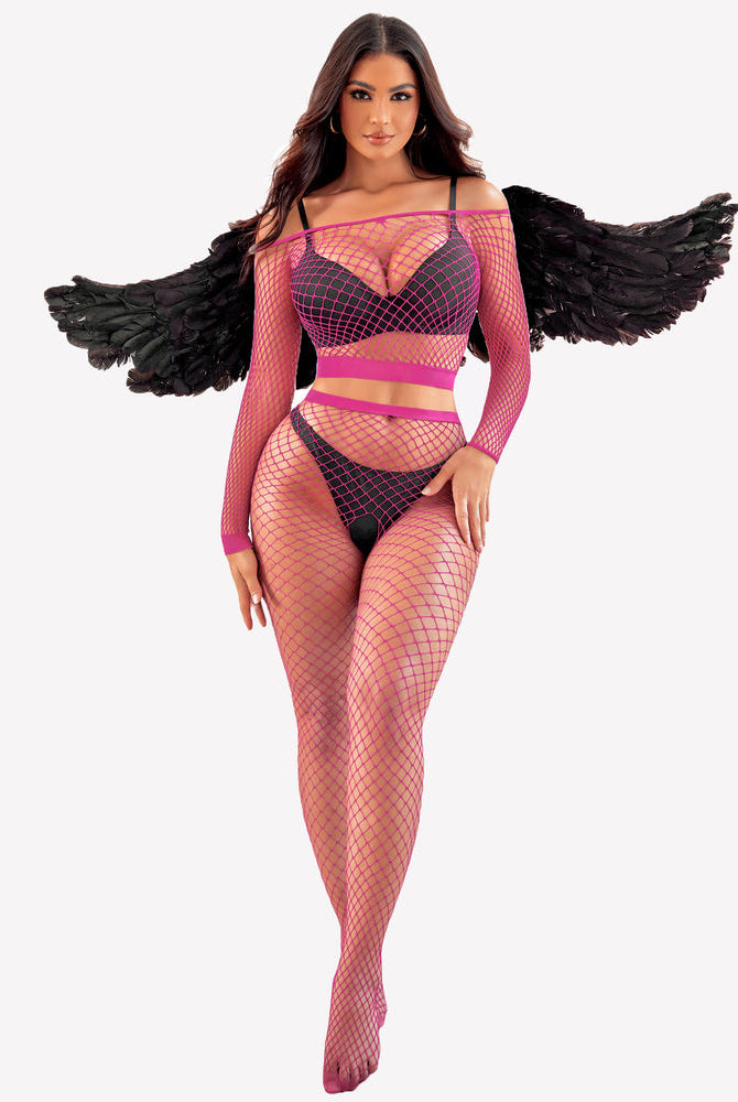 Pink fishnet two-piece lingerie set with wings. Sexy long sleeve outfit for women.