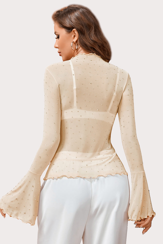 Beige mesh rhinestone top with bell sleeves and mock neck, a sexy lingerie by Avidlove for women