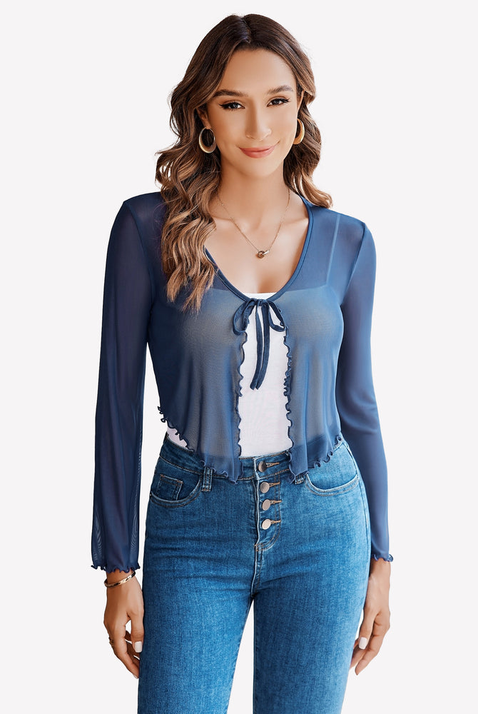 Navy blue sheer shrug with tie front and bell sleeves, mesh shawl top for women