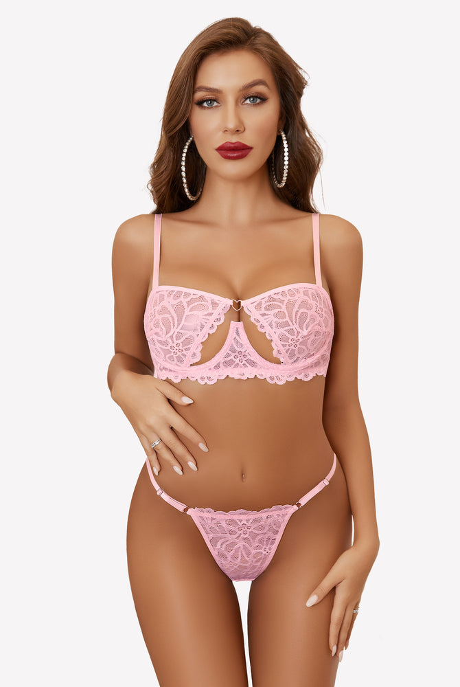 Avidlove pink lace push-up half-cup bra set with cut-out design and thong, showing femininity