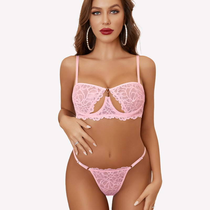 Avidlove pink lace push-up half-cup bra set with cut-out design and thong, showing femininity
