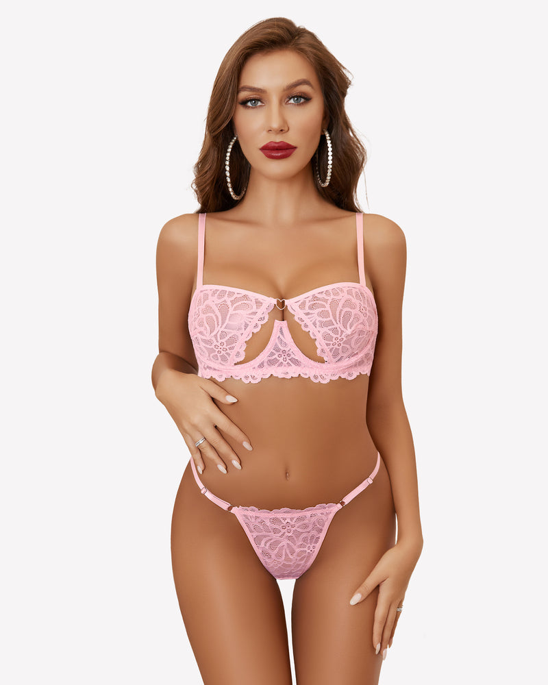 Avidlove pink lace push-up half-cup bra set with cut-out design and thong, showing femininity