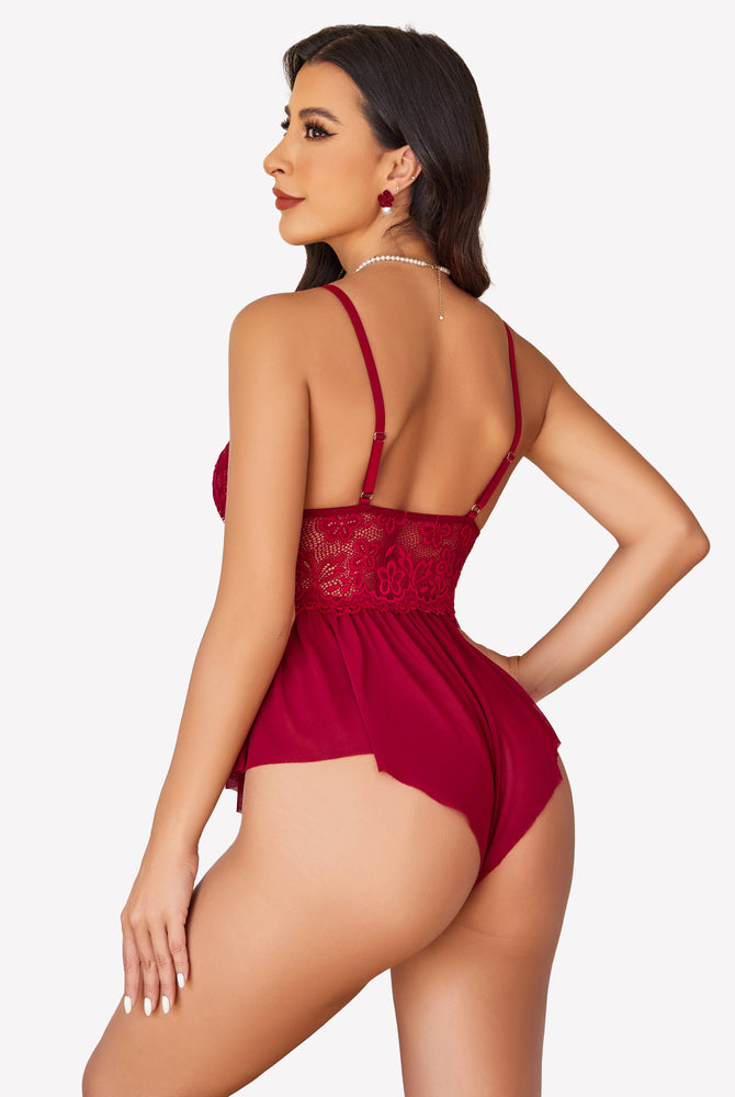 Burgundy floral lace bodysuit teddy with adjustable straps, elegant lingerie.