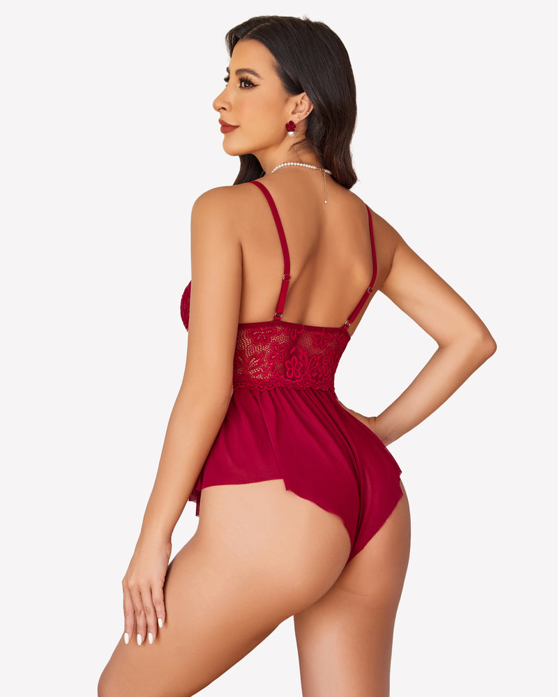 Burgundy floral lace bodysuit teddy with adjustable straps, elegant lingerie.