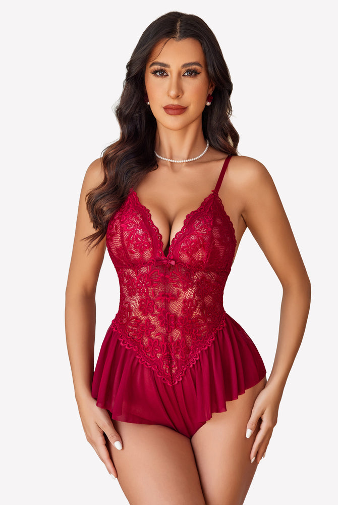 Burgundy lace bodysuit teddy with floral lace cups and adjustable straps, elegant lingerie