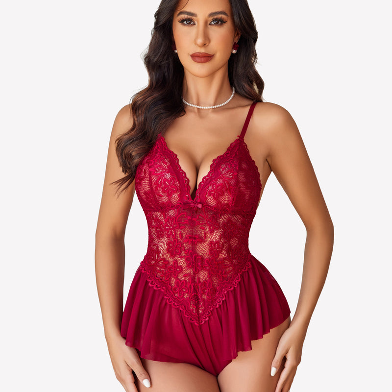 Burgundy lace bodysuit teddy with floral lace cups and adjustable straps, elegant lingerie