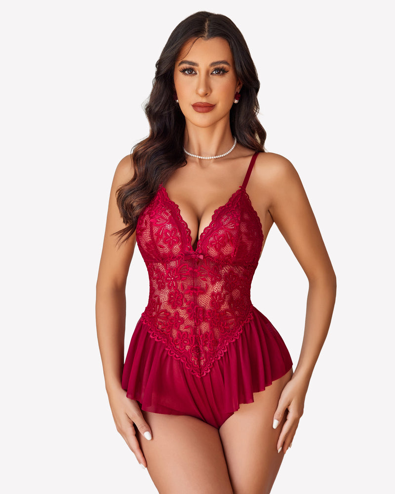 Burgundy lace bodysuit teddy with floral lace cups and adjustable straps, elegant lingerie