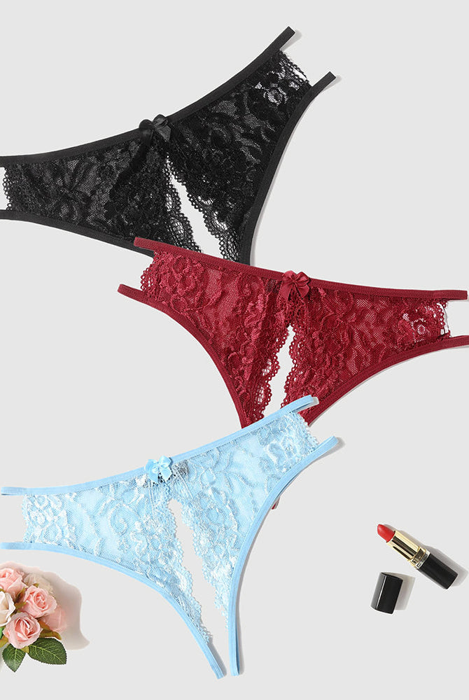 Lace panties set by Avidlove. Low-rise design, with bow. Black, burgundy, and blue floral lingerie.