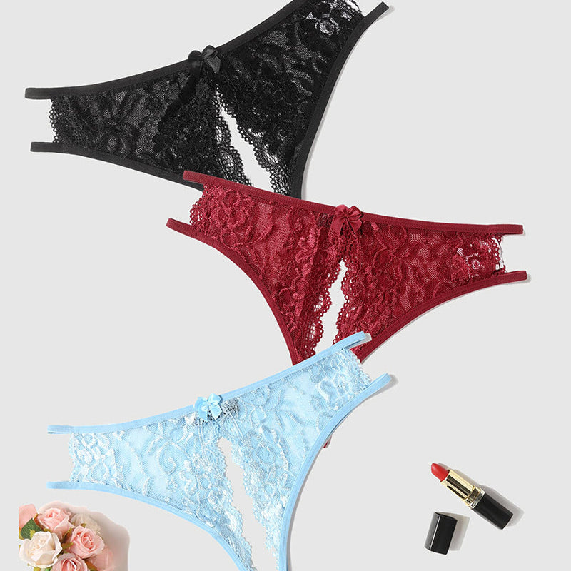 Lace panties set by Avidlove. Low-rise design, with bow. Black, burgundy, and blue floral lingerie.