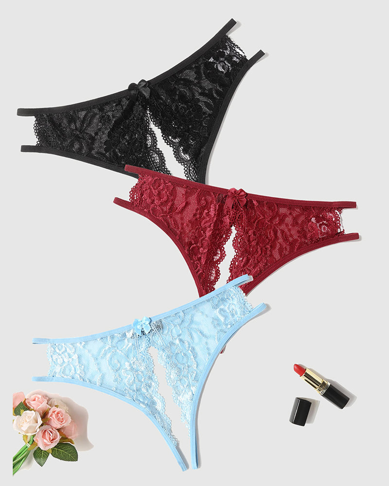 Lace panties set by Avidlove. Low-rise design, with bow. Black, burgundy, and blue floral lingerie.