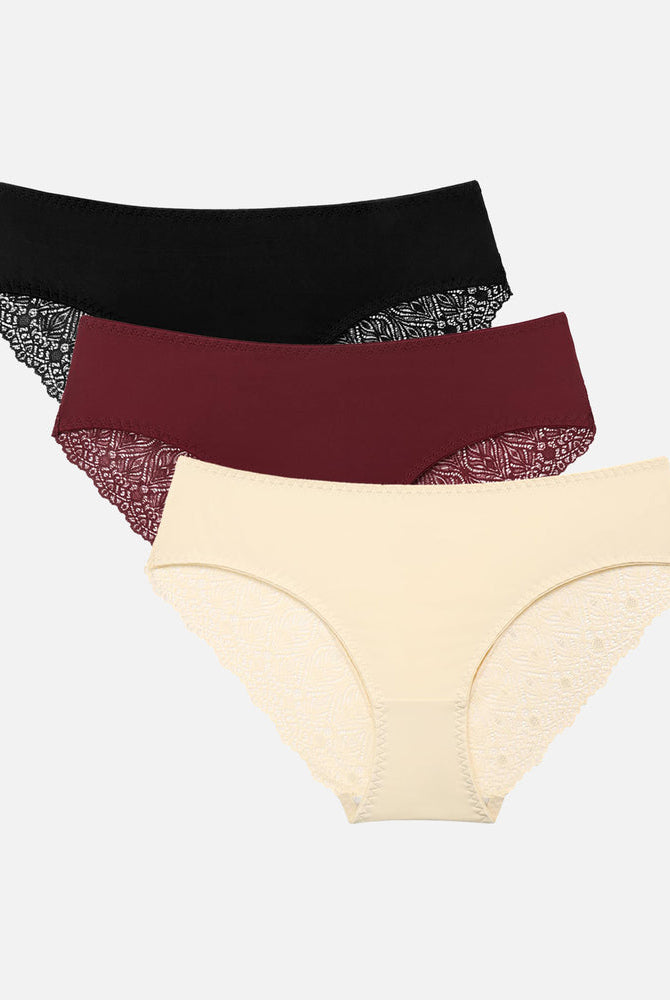 Lace Hipster Panties: Black, Burgundy, Beige. No show, V-waist, seamless design.