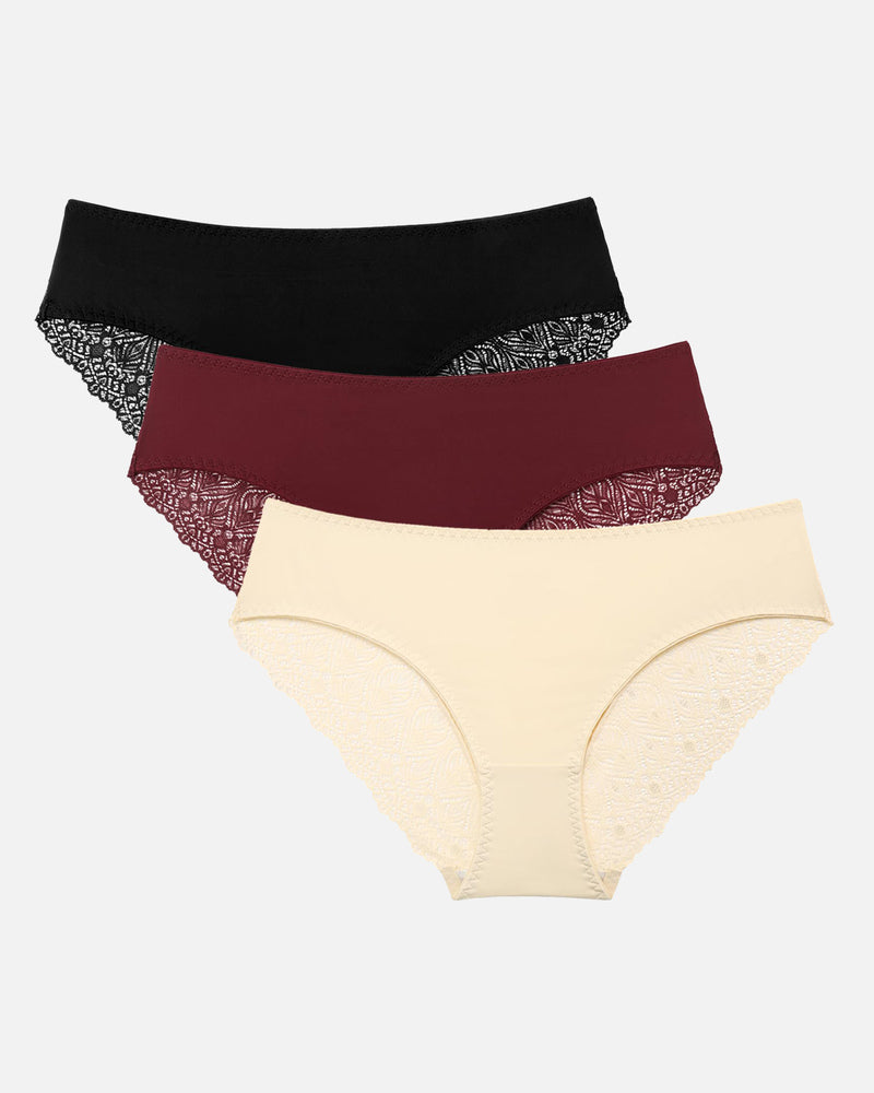 Lace Hipster Panties: Black, Burgundy, Beige. No show, V-waist, seamless design.