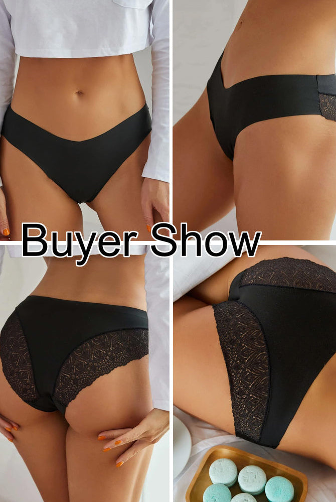 Black lace hipster panties, no-show, v-waist design. Customer show. Sexy and comfortable lingerie.