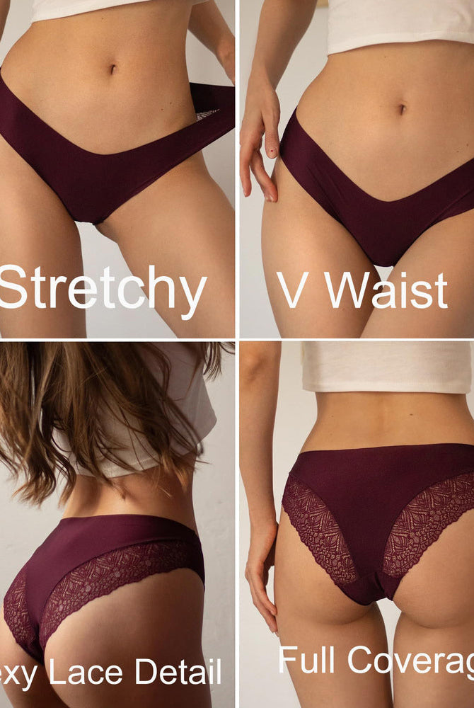 Burgundy no-show hipster panties with stretchy fabric, V-waist, sexy lace detail, and full coverage.