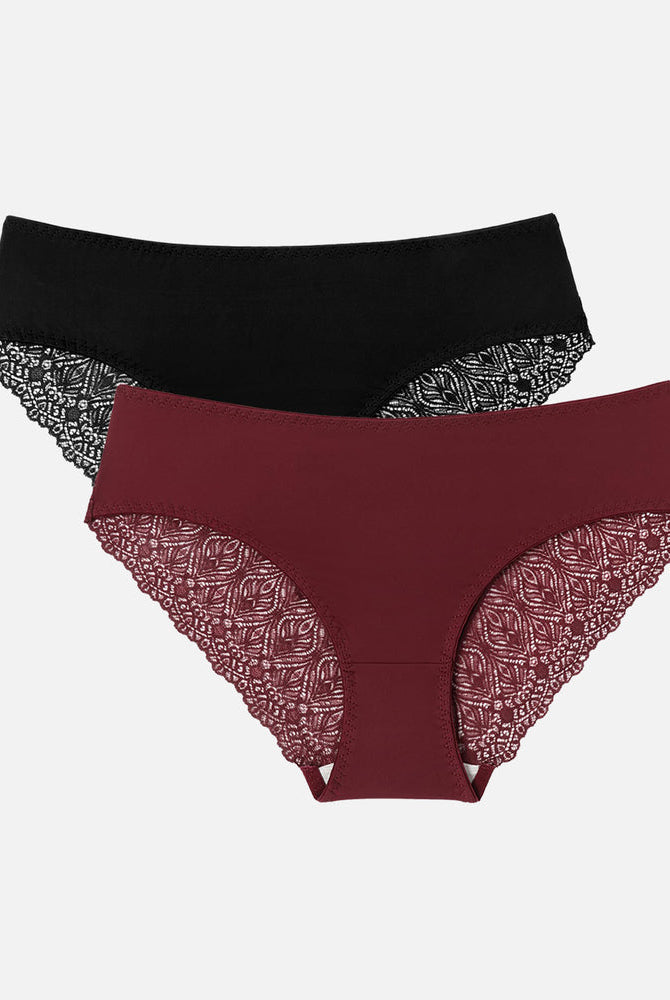 Black and Burgundy Lace Hipster Panties with V-Waist and No-Show Design