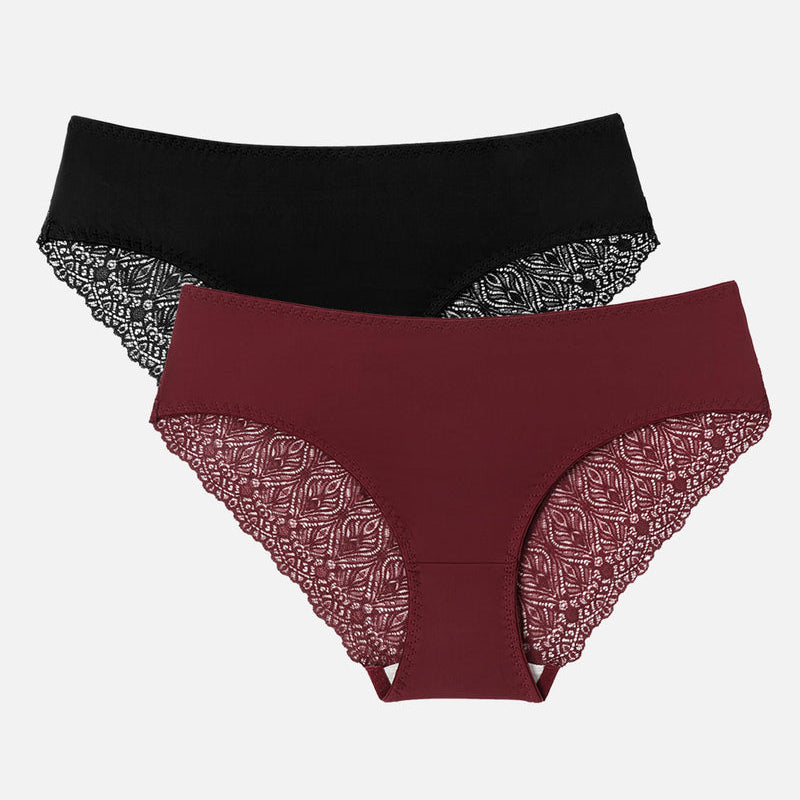 Black and Burgundy Lace Hipster Panties with V-Waist and No-Show Design