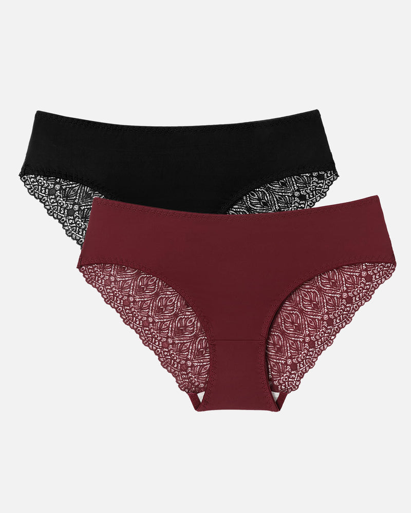 Black and Burgundy Lace Hipster Panties with V-Waist and No-Show Design