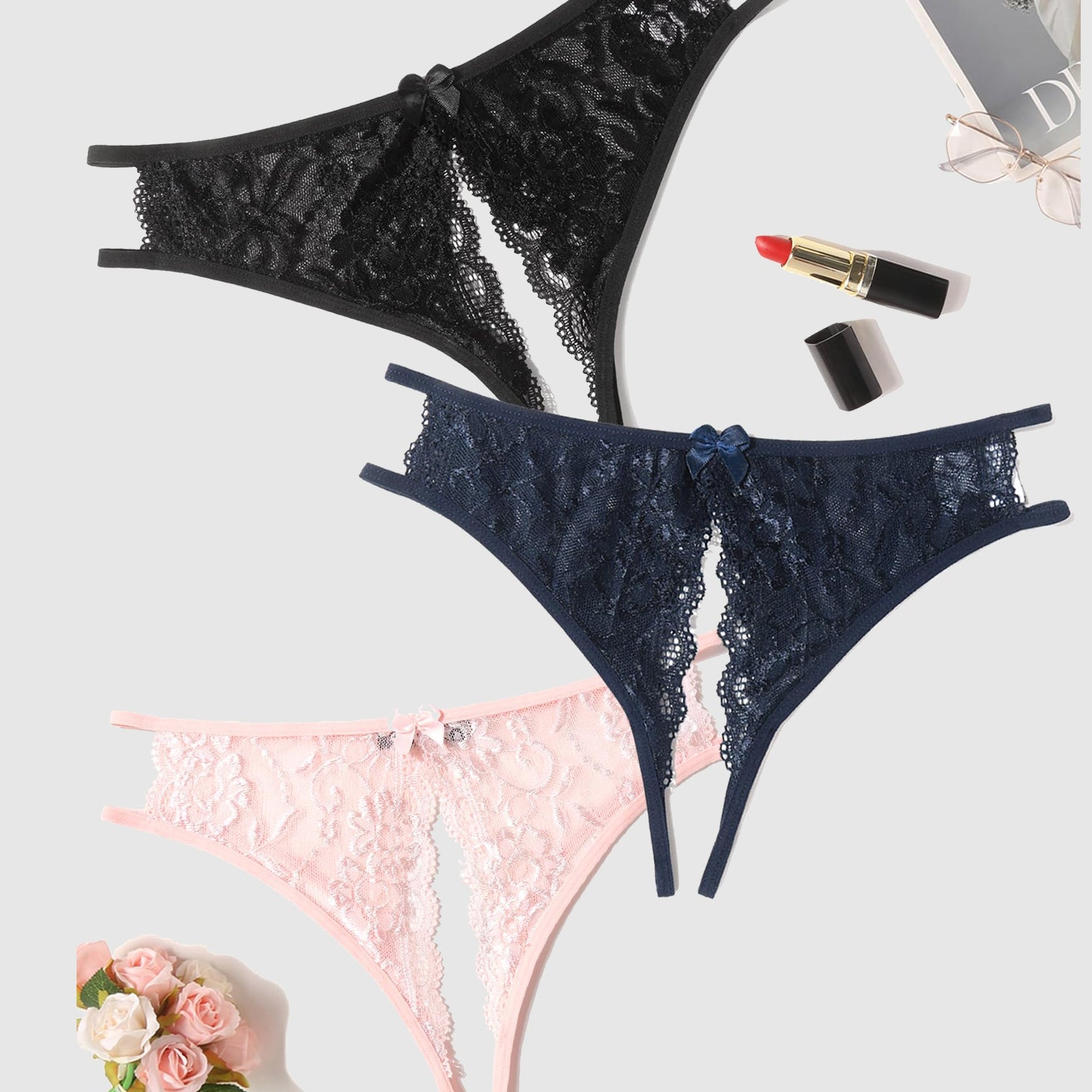 Avidlove floral lace panties in black, navy, and pink. Low-rise, bow detail, and open design.