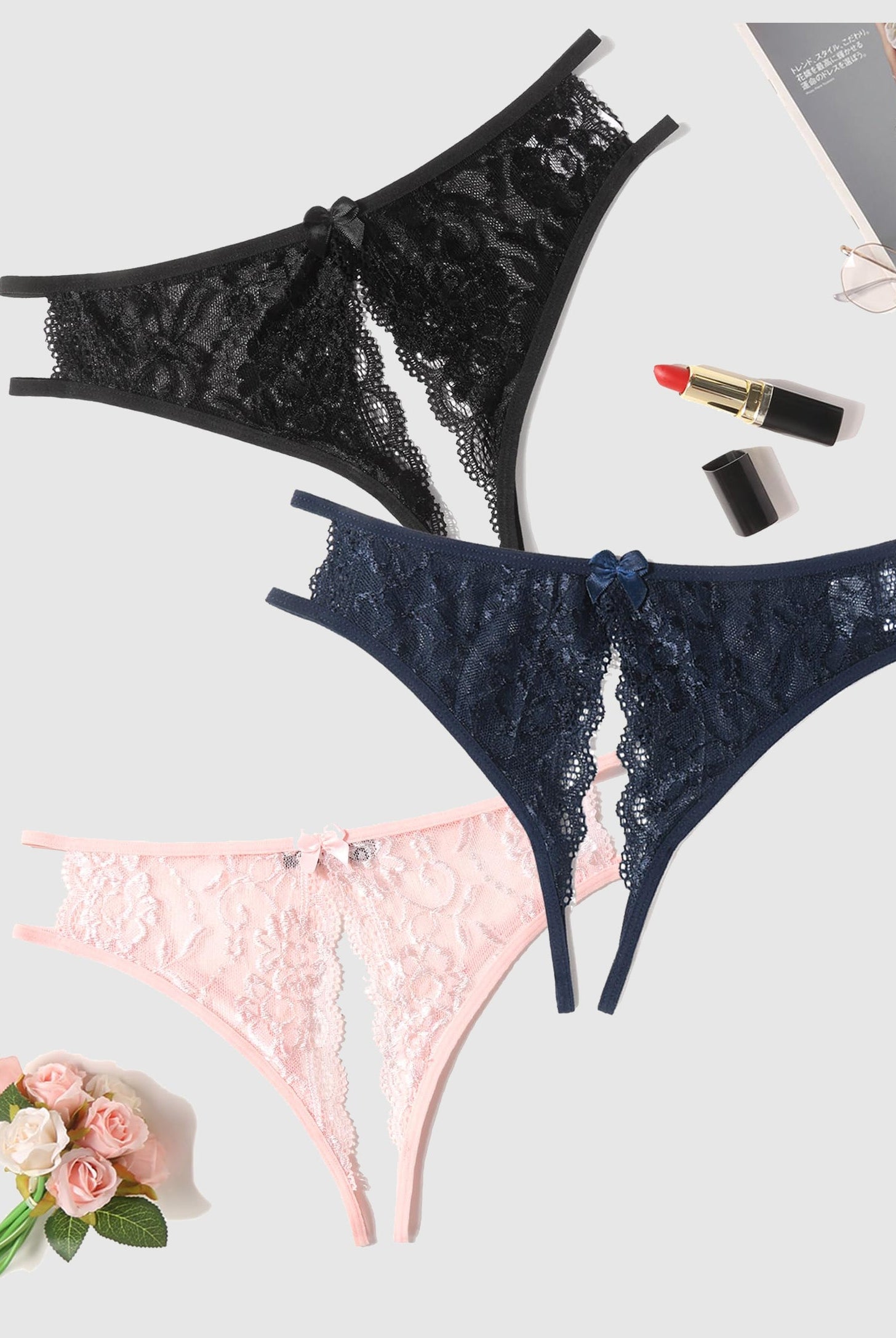 Avidlove floral lace panties in black, navy, and pink. Low-rise, bow detail, and open design.
