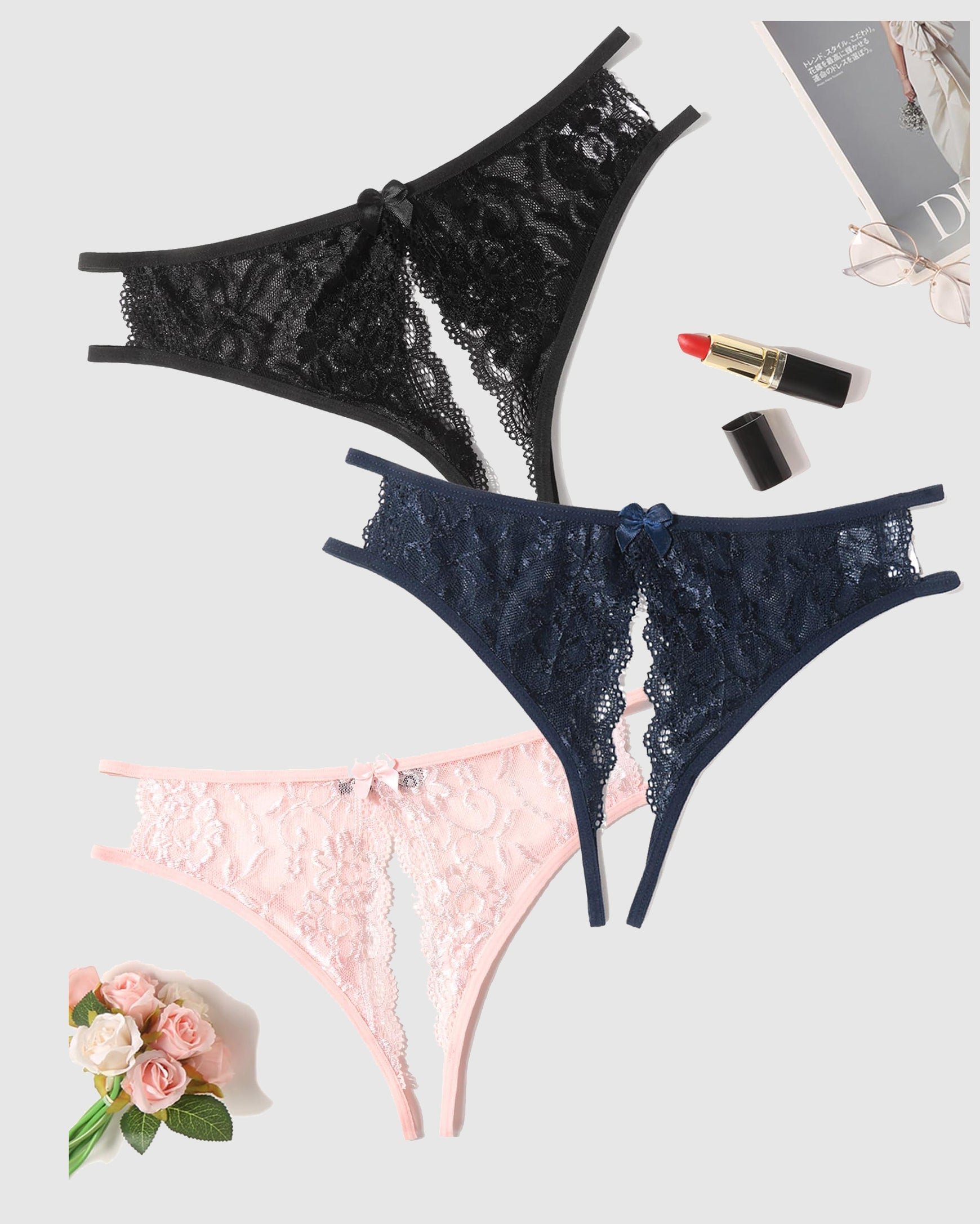 Avidlove floral lace panties in black, navy, and pink. Low-rise, bow detail, and open design.