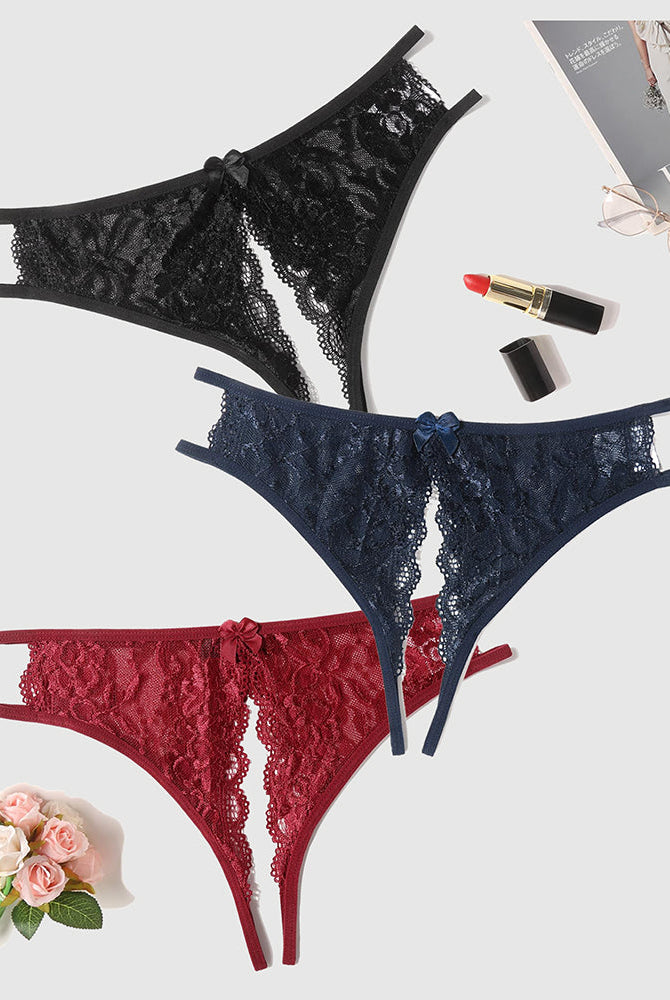 Avidlove floral lace panties. Low-rise, with bow and cut-out. Black, navy, and burgundy lingerie.
