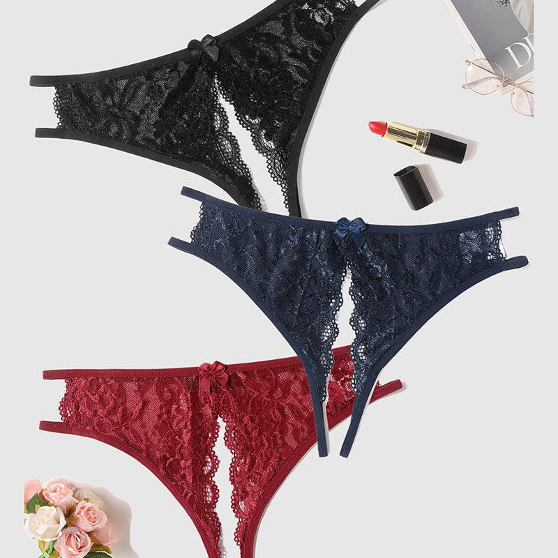 Avidlove floral lace panties. Low-rise, with bow and cut-out. Black, navy, and burgundy lingerie.