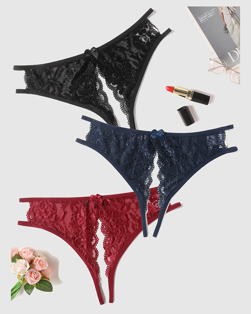 Avidlove floral lace panties. Low-rise, with bow and cut-out. Black, navy, and burgundy lingerie.