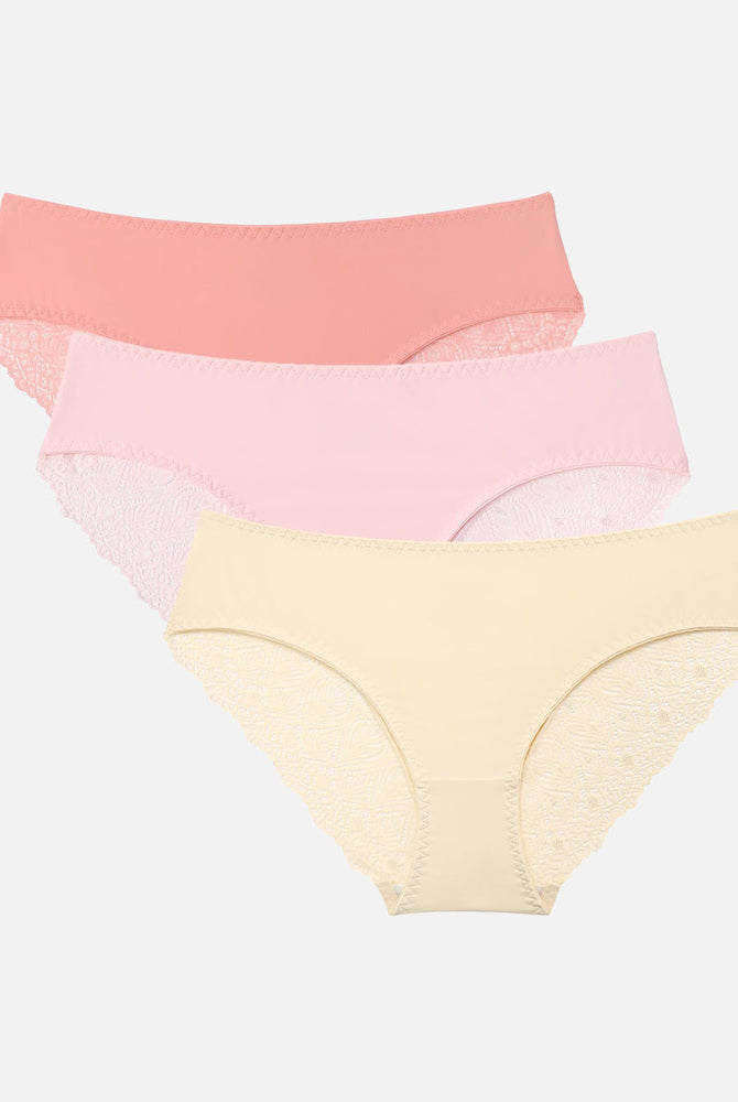 Set of three no-show hipster panties in pink, peach, and beige with lace detailing.