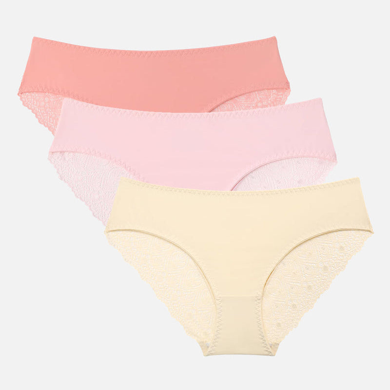 Set of three no-show hipster panties in pink, peach, and beige with lace detailing.