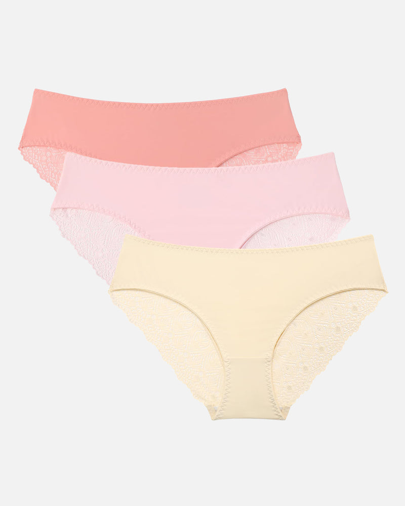 Set of three no-show hipster panties in pink, peach, and beige with lace detailing.