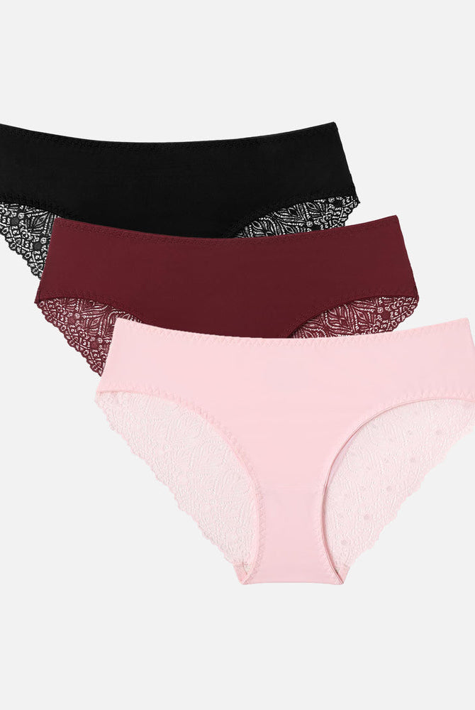 No-show hipster panties set with lace detailing: Black, Burgundy, and Pink. V-waist design.