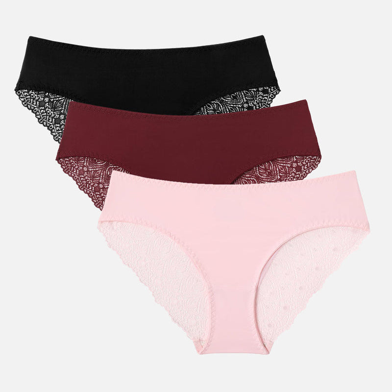No-show hipster panties set with lace detailing: Black, Burgundy, and Pink. V-waist design.
