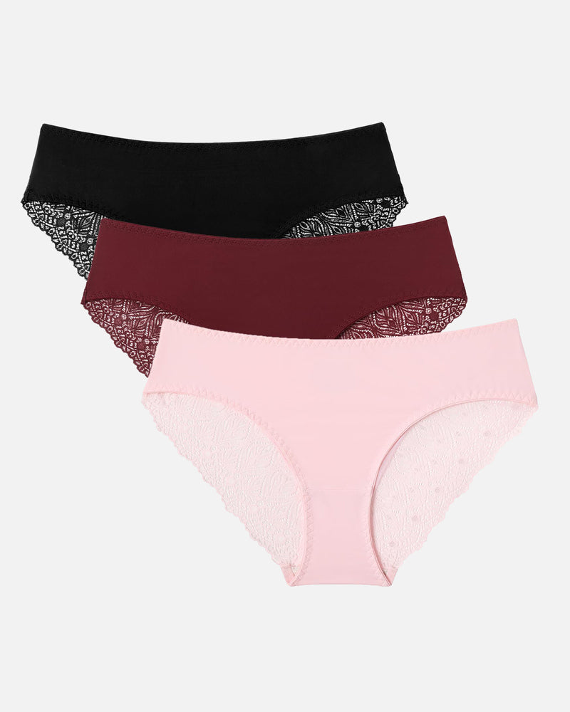 No-show hipster panties set with lace detailing: Black, Burgundy, and Pink. V-waist design.