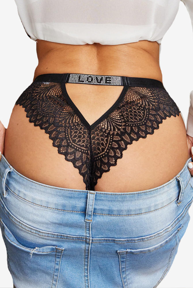 Rhinestone 'LOVE' black lace thong underwear, elegant and stylish design, soft and comfortable