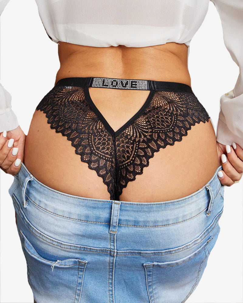 Rhinestone 'LOVE' black lace thong underwear, elegant and stylish design, soft and comfortable