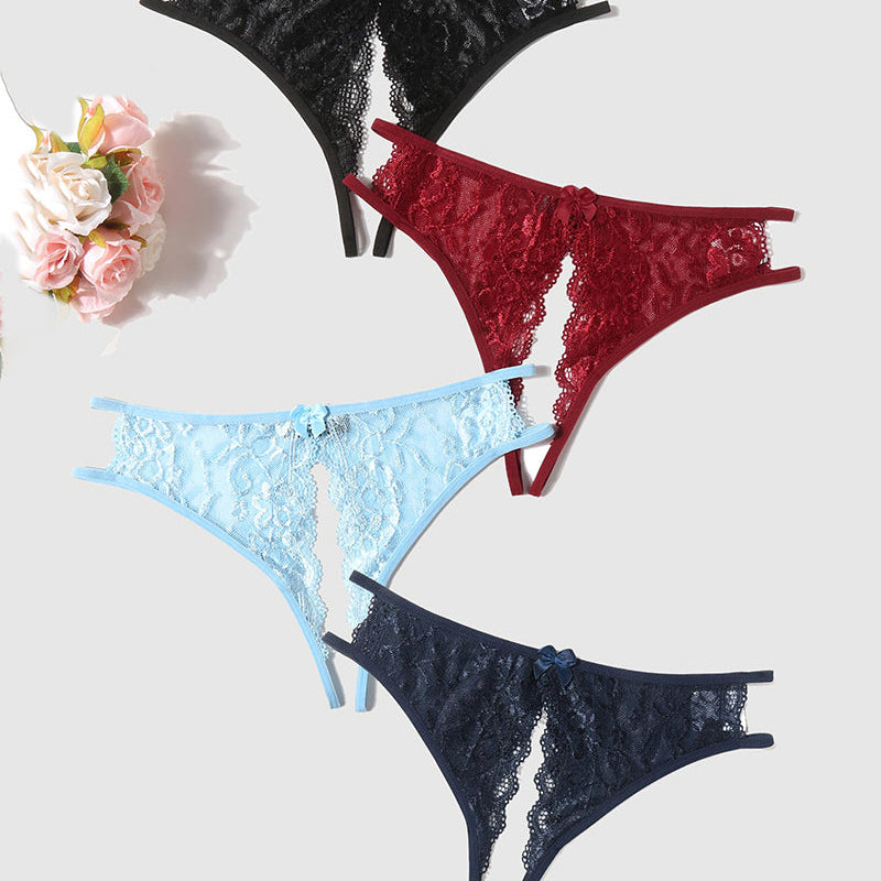 Floral lace panties in various colors with bow and low-rise design for a flirty look.