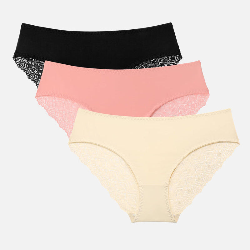 No-show hipster panties set in black, peach, and beige with lace detail and a V-waist design