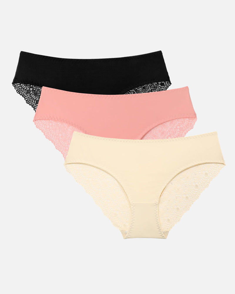 No-show hipster panties set in black, peach, and beige with lace detail and a V-waist design