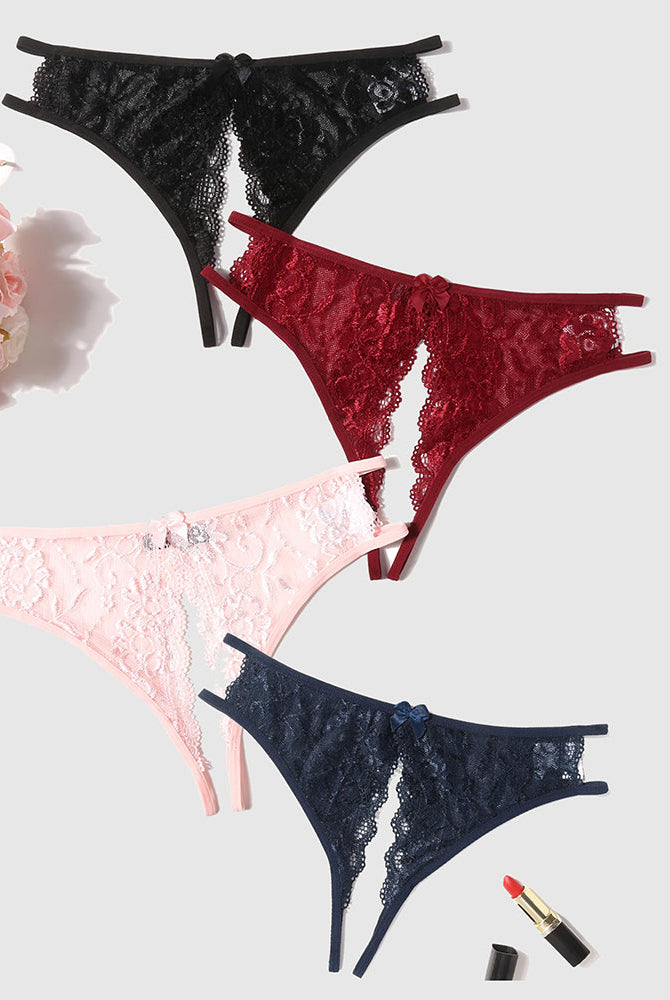 Avidlove floral lace panties in black, burgundy, pink, navy. Low-rise, bow, cut-out. Sexy lingerie.