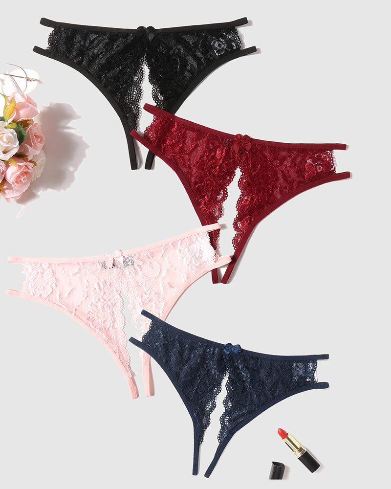 Avidlove floral lace panties in black, burgundy, pink, navy. Low-rise, bow, cut-out. Sexy lingerie.