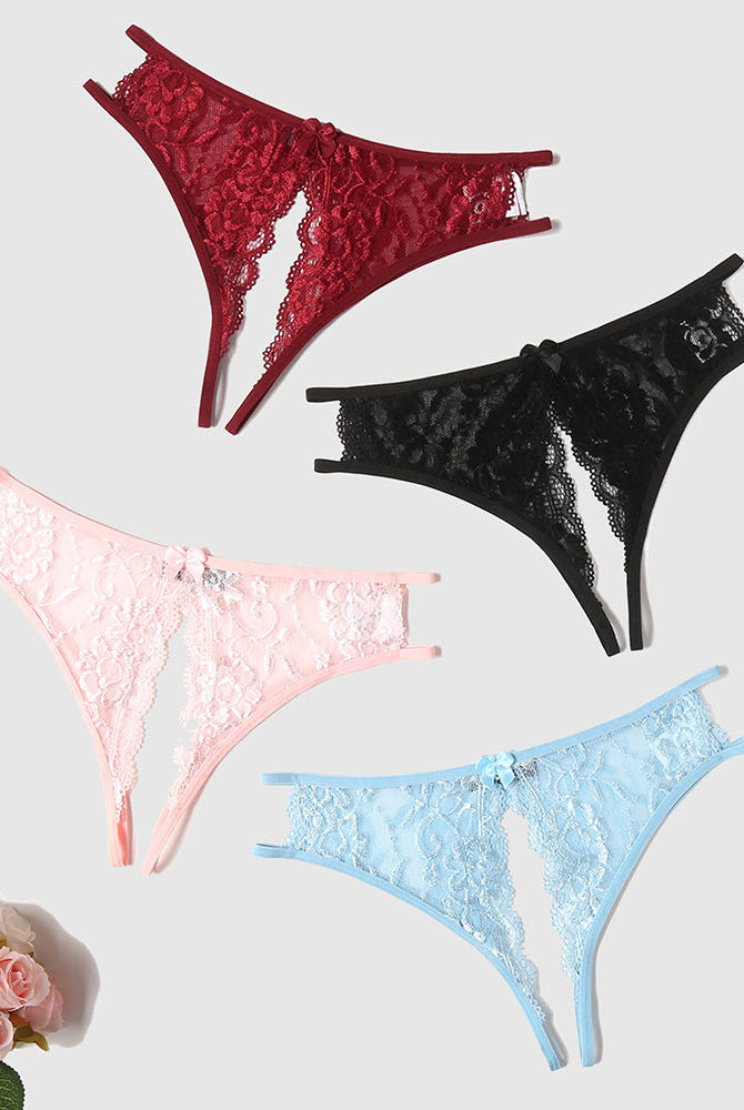 Avidlove floral lace panties in red, black, pink, and blue. Low-rise, open-crotch design with a bow.