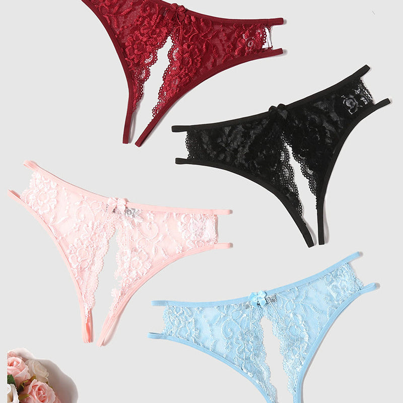 Avidlove floral lace panties in red, black, pink, and blue. Low-rise, open-crotch design with a bow.
