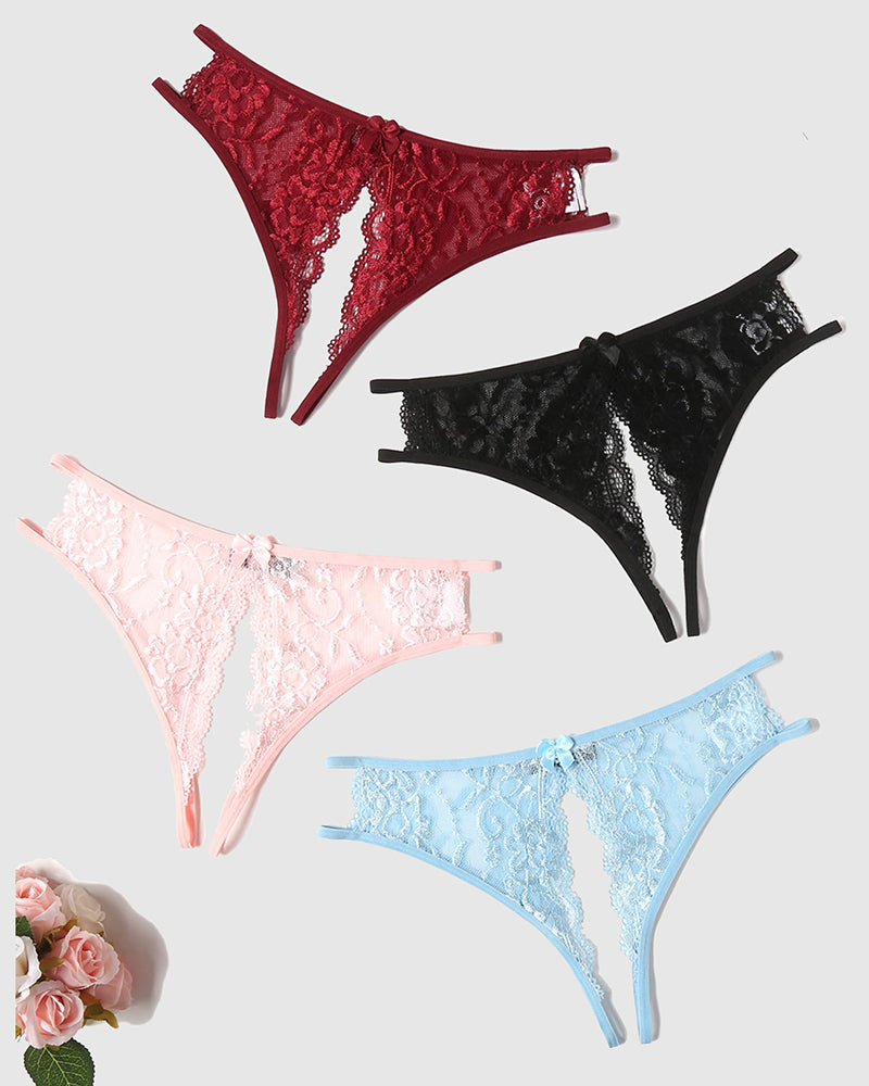Avidlove floral lace panties in red, black, pink, and blue. Low-rise, open-crotch design with a bow.