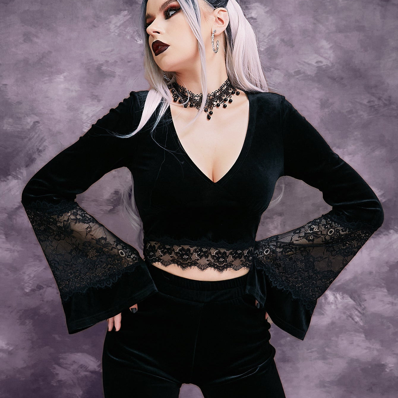 Black velvet crop top with contrast lace sleeves, glamorous fall/winter fashion